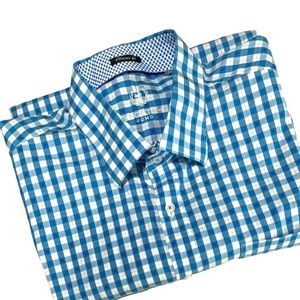 Bugatchi Uomo EUC Blue White Checkered Short Sleeves Button Down Shirt Size XXL